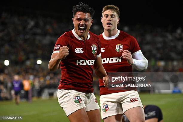 British and Irish Lions' Marcus Smith celebrates his try during the rugby match between the British and Irish Lions and the ACT Brumbies in Canberra...