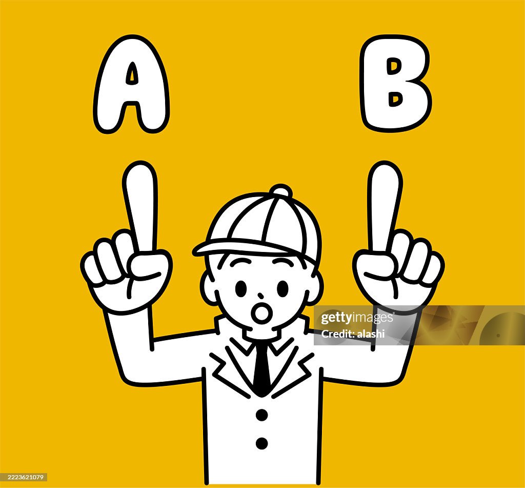 A cute detective boy in a trench coat and hat raises both hands, pointing upwards with his index finger, showing two options with A and B, talking and asking, looks at the viewer. Front view, black outline with flat colors, minimalist style