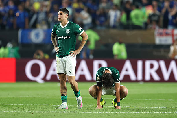 Emiliano Martinez of Palmeiras and Agustin Giay of Palmeiras react after the team's victory during the FIFA Club World Cup 2025 quarter final match...