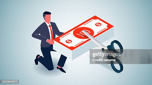 income decreases, expenses or budgets decrease, economic recession, isometric scissors cut the money held by the merchant - cutting costs stock illustrations