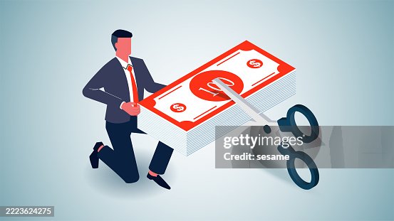 Income decreases, expenses or budgets decrease, economic recession, isometric scissors cut the money held by the merchant Income decreases, expenses or budgets decrease, economic recession, isometric scissors cut the money held by the merchant