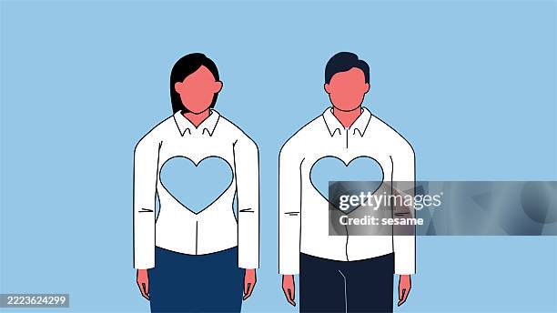 relationship breakdown, marital problems, issues between spouses or families, and the absence of heart-shaped parts in the bodies of male and female businesspeople - grief counseling stock illustrations