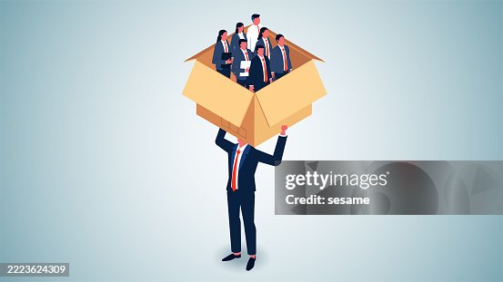 Human Resource Management, Common corporate culture and business management, isometric manager holding boxes full of businessmen over his head Human Resource Management, Common corporate culture and business management, isometric manager holding boxes full of businessmen over his head