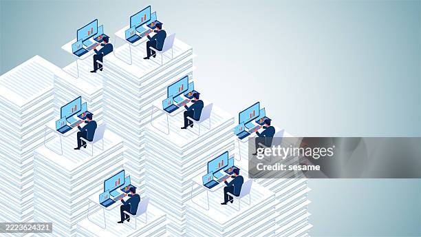 workaholism, overwork or stress at work, isometric a group of businessmen working on a stack of high files - hard working employee and exaggeration stock illustrations