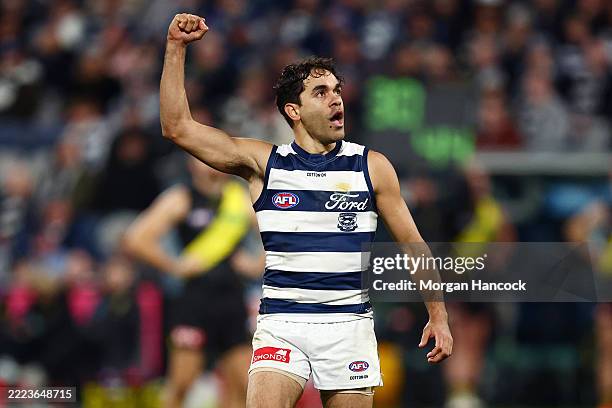 Jack Martin of the Cats celebrates a goal during the round 17 AFL match between Geelong Cats and Richmond Tigers at GMHBA Stadium on July 05, 2025 in...
