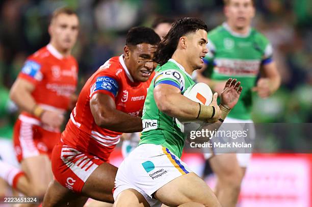 Nolan Stringer Kaeo Weekes of the Raiders in action during the round 18 NRL match ...