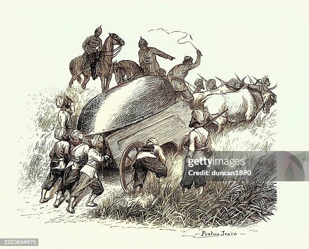 military history, india, indian soldiers moving a pontoon, vintage illustration, 1870s, 19th century - pontoon boat stock illustrations