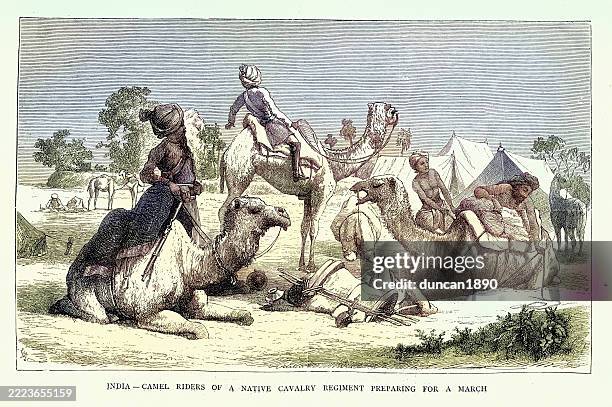 india, indian camel cavalry, soldiers preparing for a march, vintage illustration, 1870s, 19th century - camel stock illustrations