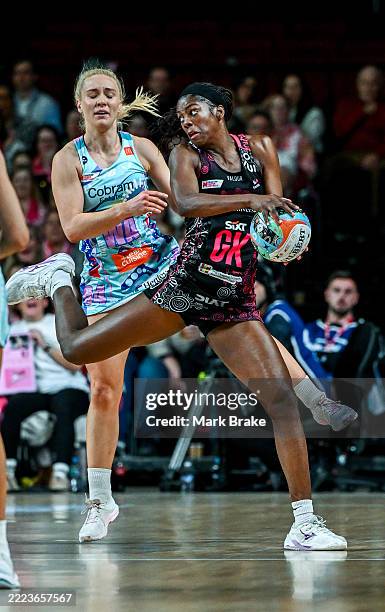 Latanya Wilson of the Thunderbirds intercepts a pass to Tayla Fraser of the Mavericks during the round 13 Super Netball match between Tarntanya...