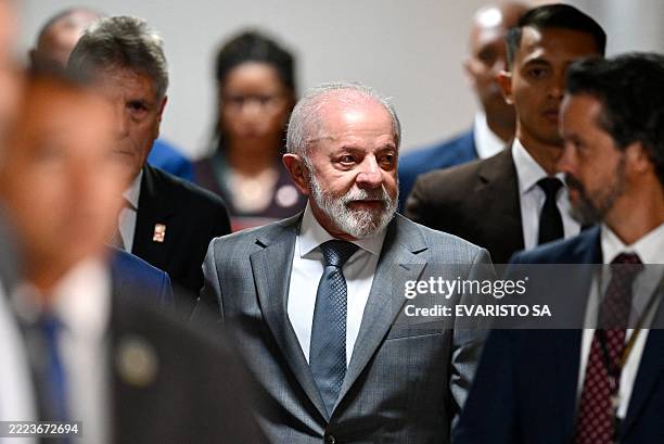 Brazil's President Luiz Inacio Lula da Silva arrives for a press statement at Planalto Palace in Brasilia, on July 9, 2025.