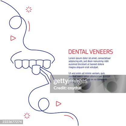 Continuous line drawing of Dental Veneers Icon. Hand drawn symbol vector illustration. Minimalist design with thin blue and red lines. Continuous line drawing of Dental Veneers Icon. Hand drawn symbol vector illustration. Minimalist design with thin blue and red lines.