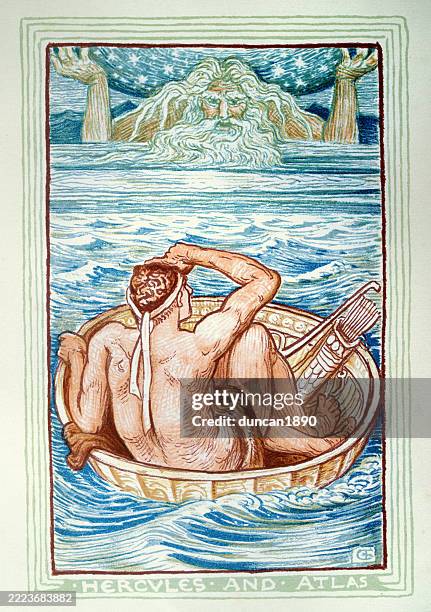 ilustrações, clipart, desenhos animados e ícones de hércules e atlas, um titã condenado a segurar os céus ou o céu por toda a eternidade, mitologia grega antiga, ilustração vintage, walter crane - atlas figura mitológica