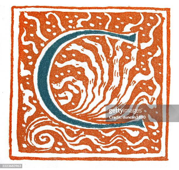 ornate capital letter c, design, vintage illustration, walter crane - greek alphabet stock illustrations