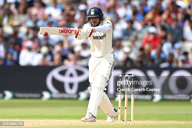 Shubman Gill of India bats during day four of the 2nd Rothesay Test Match between England and India at Edgbaston on July 05, 2025 in Birmingham,...