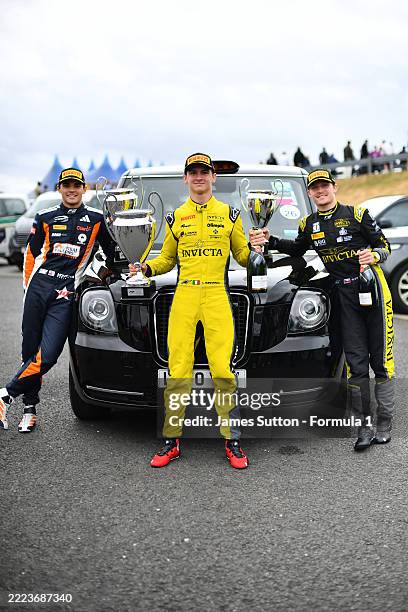 Race winner Leonardo Fornaroli of Italy and Invicta Racing Second placed Sebastian Montoya of Colombia and PREMA Racing and Third placed Roman Stanek...