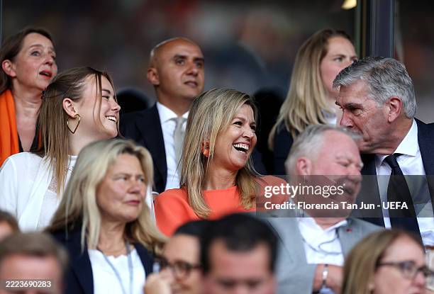 Queen Maxima of the Netherlands is seen in attendance prior to the UEFA Women's EURO 2025 Group D match between Wales and Netherlands at Luzern Arena...