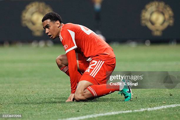 Jamal Musiala of Bayern Munich looks on during the FIFA Club World Cup 2025 quarter-final match between Paris Saint-Germain and FC Bayern München at...