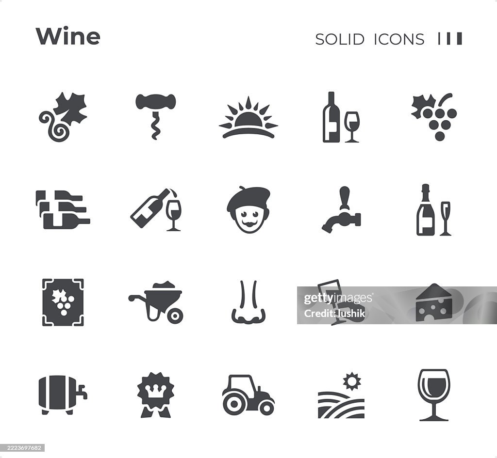 Weinberg und Wein Icon-Set. Schwarze Silhouetten-Symbole.