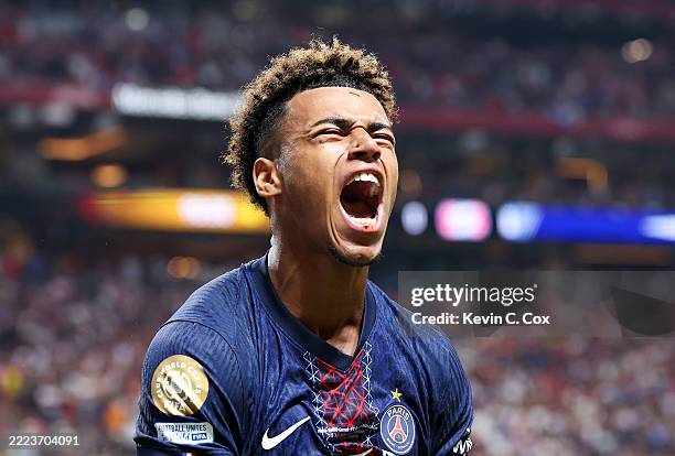 Desire Doue of Paris Saint-Germain celebrates after Ousmane Dembele of Paris Saint-Germain scored his team's second goal during the FIFA Club World...