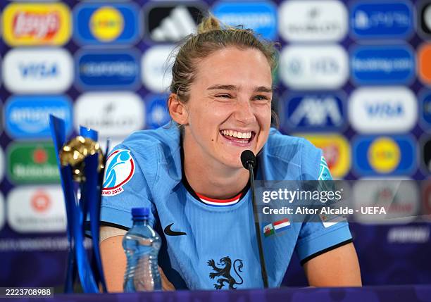 Vivianne Miedema of the Netherlands speaks to the media in a post match press conference, with her VISA Player of the Match award, after the UEFA...