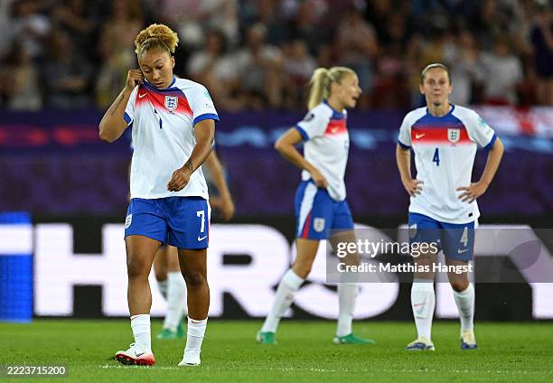 Lauren James and Keira Walsh of England look dejected after Sandy Baltimore of France scores her team's second goal during the UEFA Women's EURO 2025...