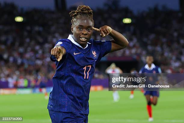 Sandy Baltimore of France celebrates after scoring their side's second goal during the UEFA Womens EURO 2025 Group D match between France and England...