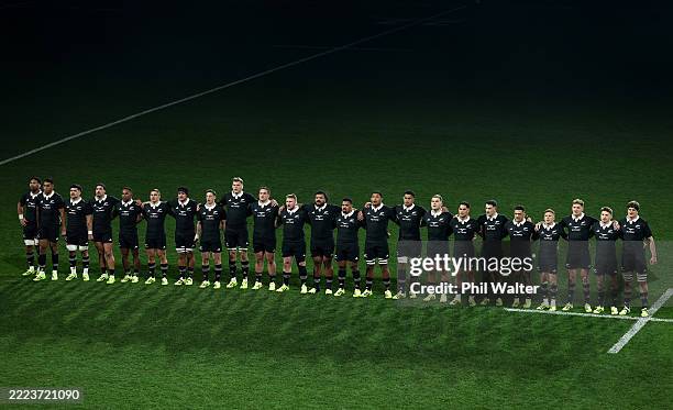 The All Blacks sing the National Anthem during the International Test match between New Zealand All Blacks and France at Forsyth Barr Stadium on July...