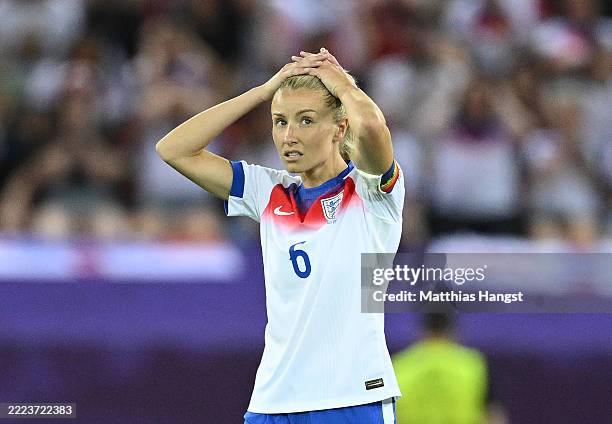 Leah Williamson of England looks dejected after the teams defeat in the UEFA Women's EURO 2025 Group D match between France and England at Stadion...