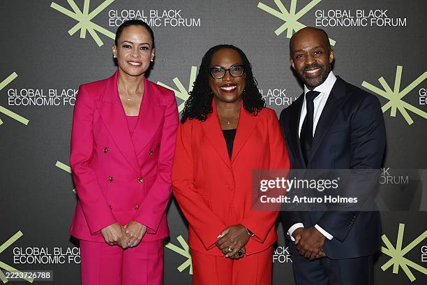 Linsey Davis, Ketanji Brown Jackson and Alphonso David attend the 2025 ESSENCE Festival of Culture presented by Coca-Cola at Ernest N. Morial...