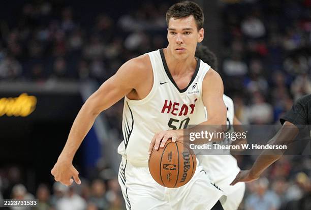 Vladislav Goldin of the Miami Heat dribbles the ball against the San Antonio Spurs during the second half in a California Classic summer league game...