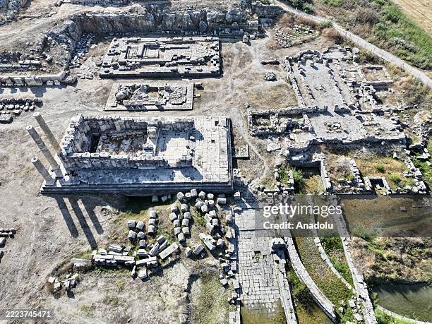 An aerial view of the ancient theater in the Letoon Sanctuary in Seydikemer district of Mugla, Turkiye on July 8, 2025. Listed as a UNESCO World...