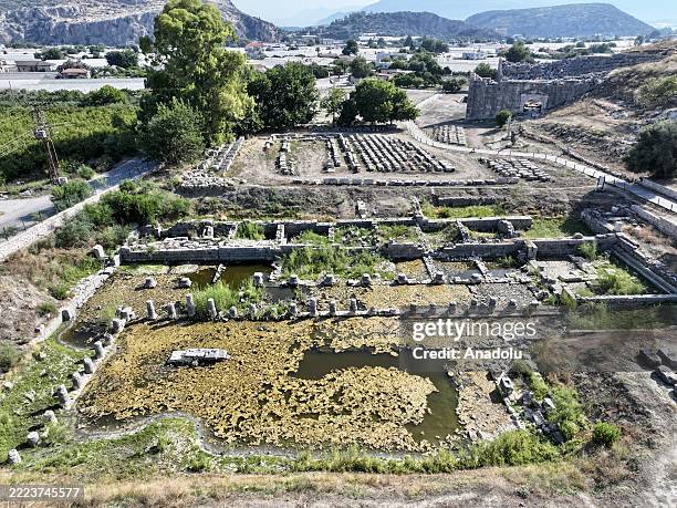 An aerial view of the ancient theater in the Letoon Sanctuary in Seydikemer district of Mugla, Turkiye on July 8, 2025. Listed as a UNESCO World...