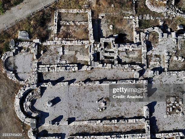 An aerial view of the ancient theater in the Letoon Sanctuary in Seydikemer district of Mugla, Turkiye on July 8, 2025. Listed as a UNESCO World...