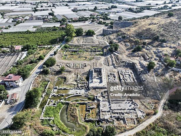 An aerial view of the ancient theater in the Letoon Sanctuary in Seydikemer district of Mugla, Turkiye on July 8, 2025. Listed as a UNESCO World...
