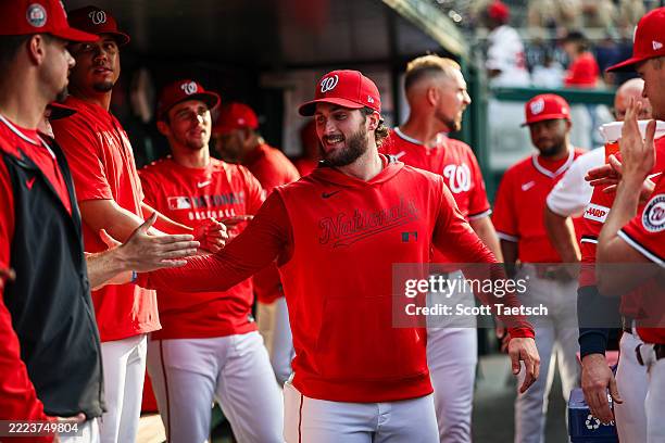 Dylan Crews of the Washington Nationals celebrates with teammates