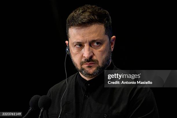 Ukrainian President Volodymyr Zelensky and Italian Prime Minister Giorgia Meloni hold a joint press conference during the Ukraine Recovery Conference...