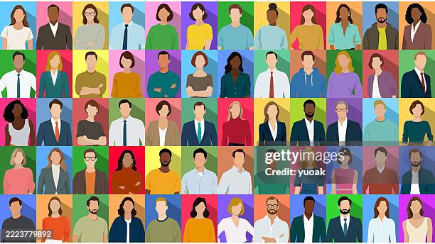 diverse group of people – flat style portraits in colorful grid layout - collect icon stock illustrations