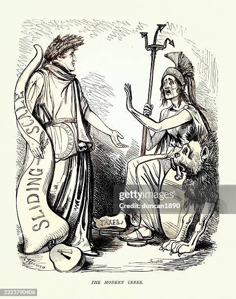 cartoon, the modern ceres, starving britannia and lion, robert peels sliding scale corn laws, tariffs and other trade restrictions on imported food, victorian, vintage illustration 19th century - satire stock illustrations