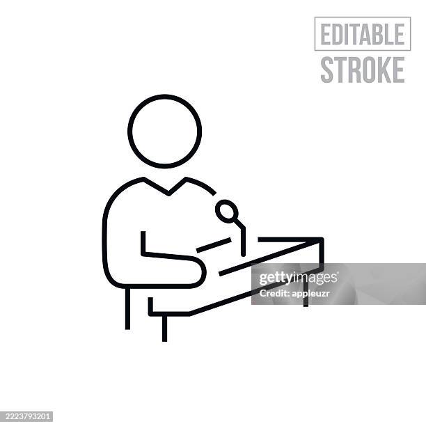 business person speaking from a microphone at a podium thin line icon - editable stroke - speaker stock illustrations