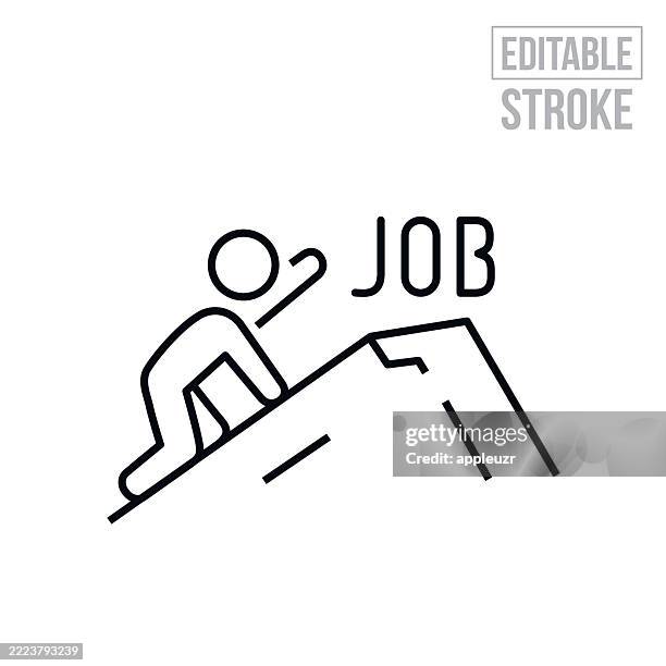 unemployed person crawling up a mountain to job at the top thin line icon - editable stroke - crawling stock illustrations