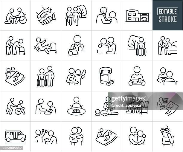 ilustrações de stock, clip art, desenhos animados e ícones de nursing home thin line icons - editable stroke - icons include - icons include a assisted living facility, residential care, medical professional, doctor, nurse, patient care, patient, assistance, senior, elderly, illness, physical disability, disabled pe - lar de idosos