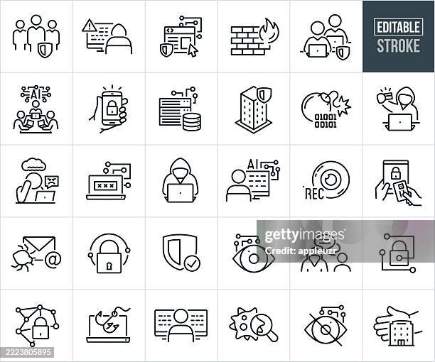 internet security thin line icons - editable stroke - icons include cybersecurity, cybersecurity specialist, cybercriminal, cybercrime, online security, computer system, phishing, computer bug, computer virus, protection, software developer - fraud stock illustrations