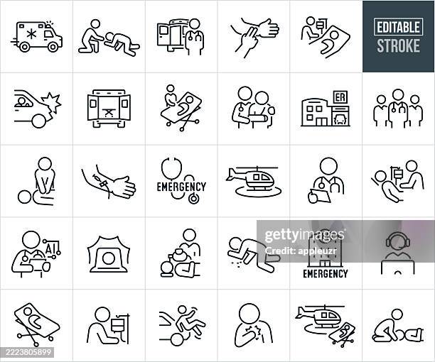 ilustraciones, imágenes clip art, dibujos animados e iconos de stock de iconos de línea fina para atención de emergencia - trazo editable - los iconos incluyen profesionales médicos, médicos, ambulancia, persona lesionada, cuidados intensivos, atención de urgencia, hospital, paciente, víctima, accidentes, atención médi - reanimación cardiopulmonar