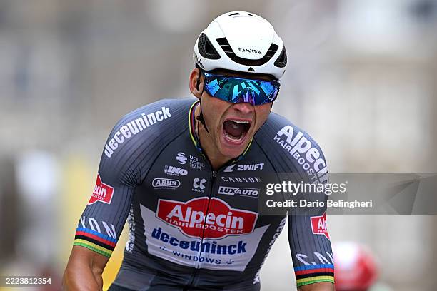 Mathieu van der Poel of Netherlands and Team Alpecin - Deceuninck celebrates at finish line as stage winner during the 112th Tour de France 2025,...