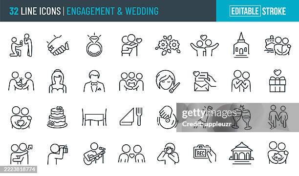 engagement and wedding thin line icons - editable stroke - icons include a wedding proposal, groom, bride, wedding ceremony, wedding ring, wedding cake, wedding planning, wedding singer, wedding photographer - wedding symbols stock illustrations