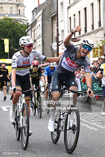 Tadej Pogacar of Slovenia and UAE Team Emirates - XRG and stage winner Mathieu van der Poel of Netherlands and Team Alpecin - Deceuninck react after...