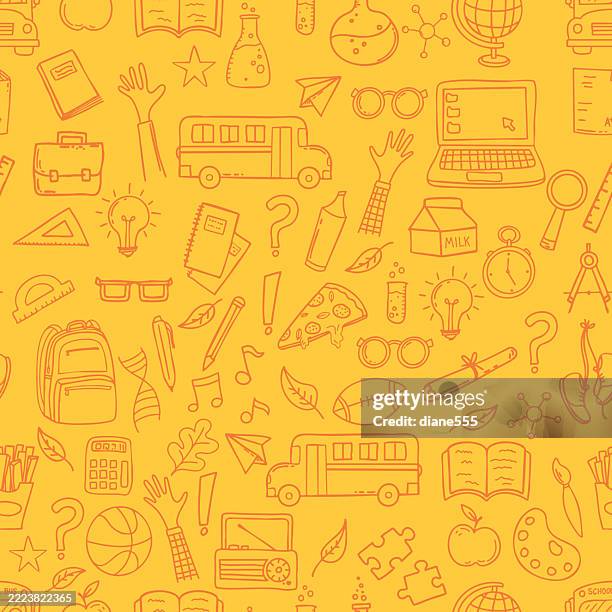 cute doodled back to school seamless tileable background pattern - classroom rules stock illustrations