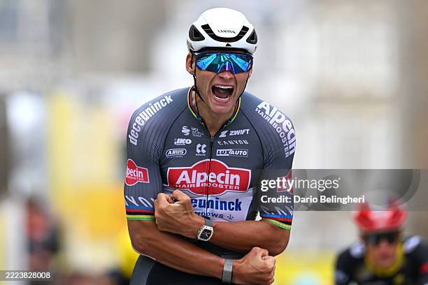 Mathieu van der Poel of Netherlands and Team Alpecin - Deceuninck celebrates at finish line as stage winner during the 112th Tour de France 2025,...