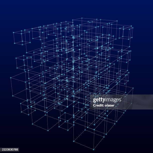 abstract 3d digital wireframe cube structure on a blue background. - science technology engineering math stock illustrations