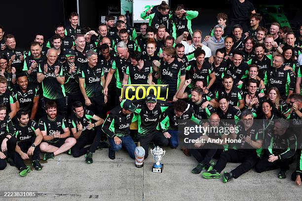 Gabriel Bortoleto of Brazil and Stake F1 Team Kick Sauber Third placed Nico Hulkenberg of Germany and Stake F1 Team Kick Sauber Mattia Binotto, COO...